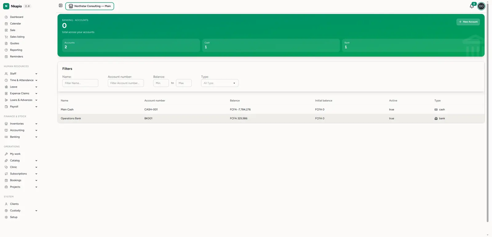The accounts list