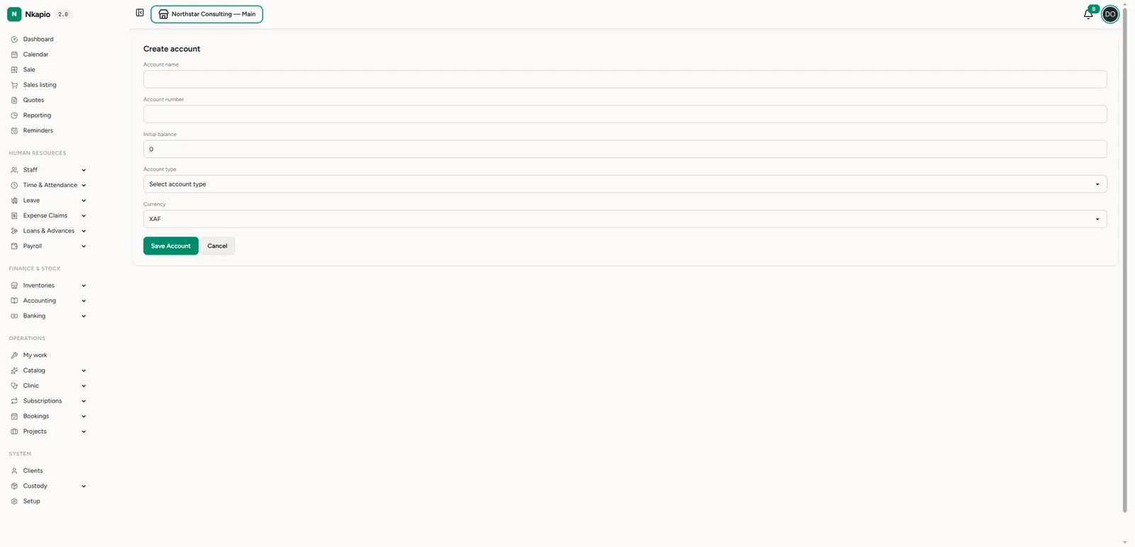 The new account form