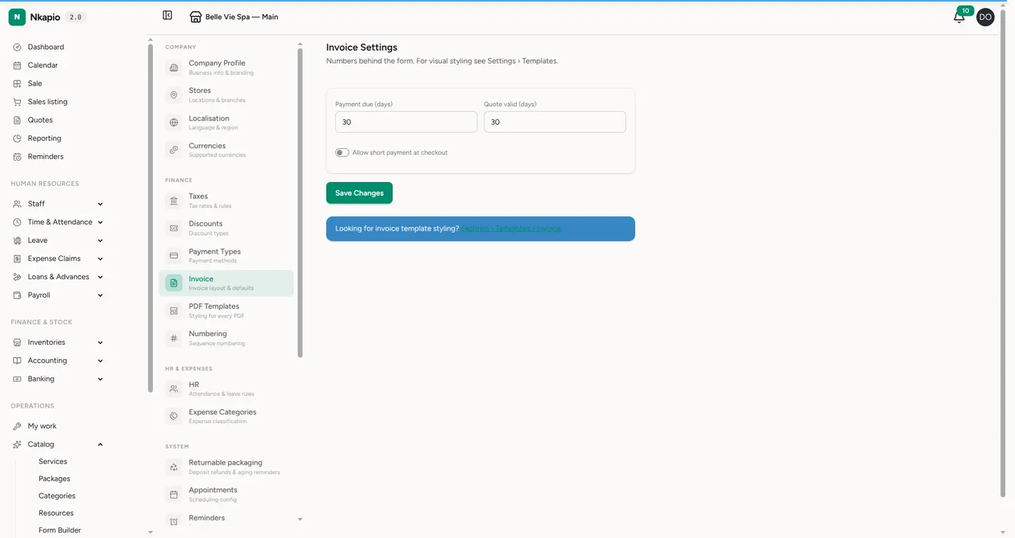 The invoice settings