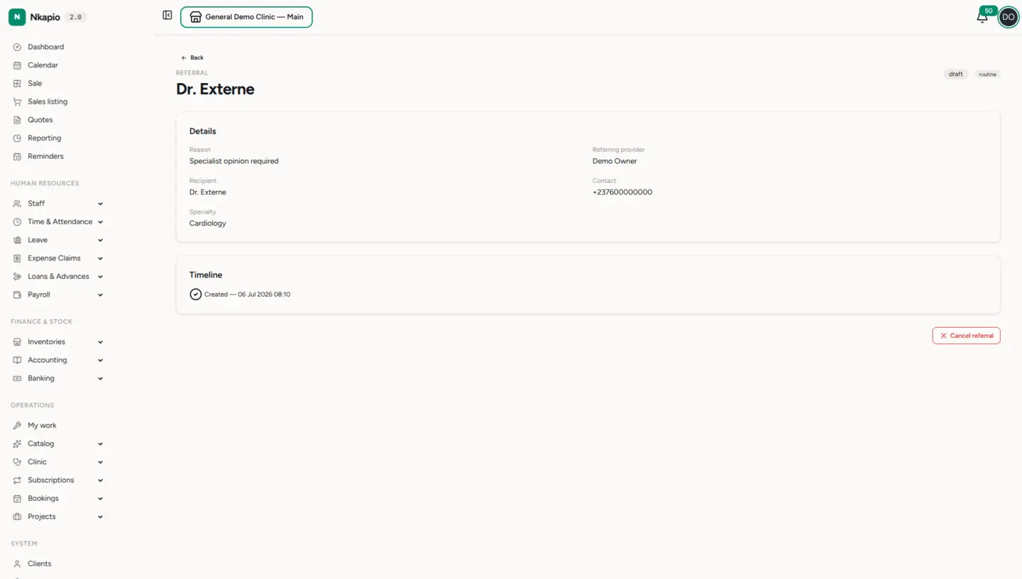 A referral's detail and timeline