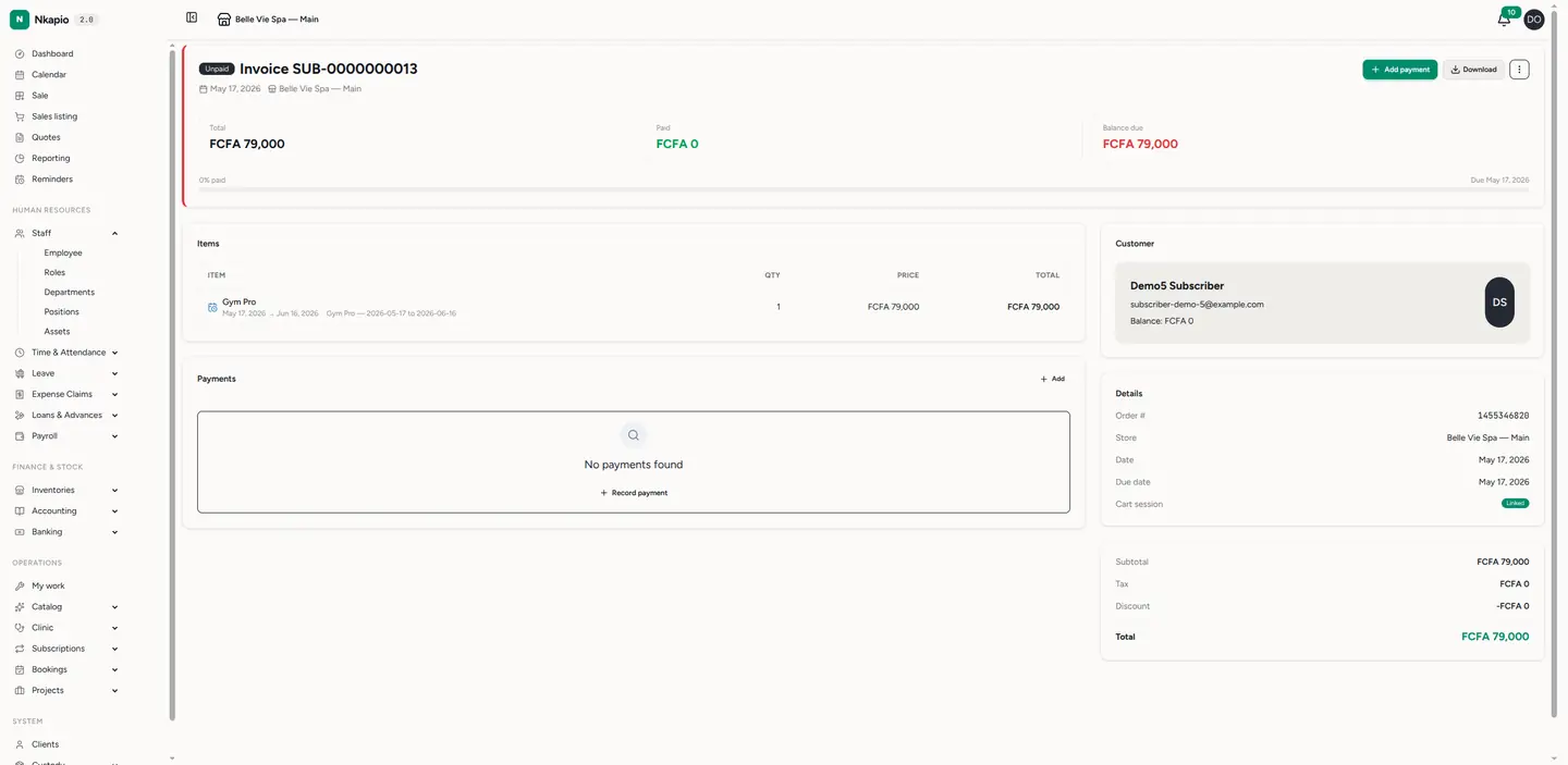 An invoice with its line items, totals and payment history