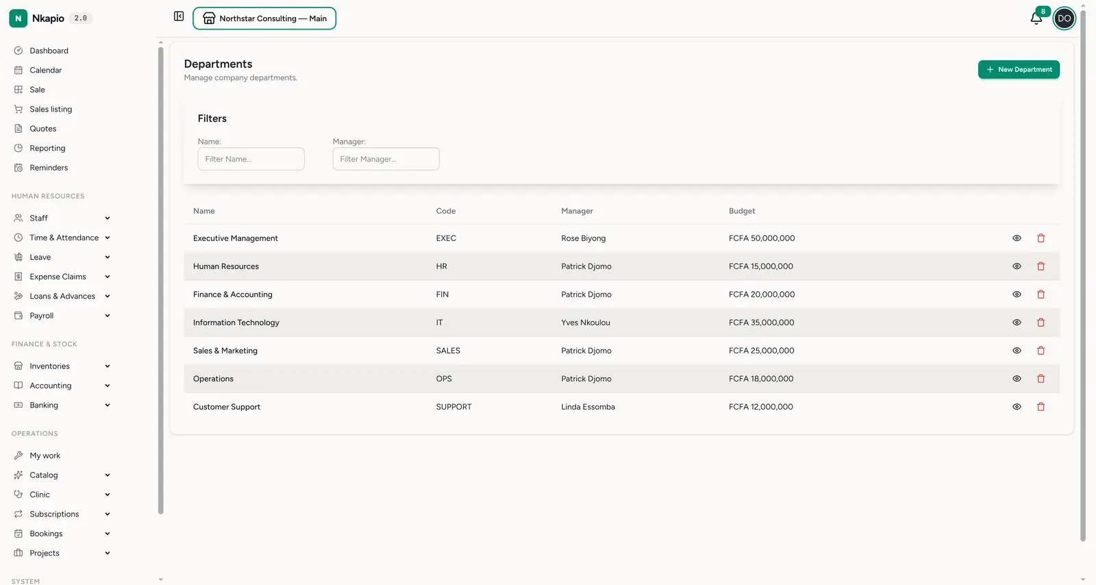 Departments — name, code, manager and budget