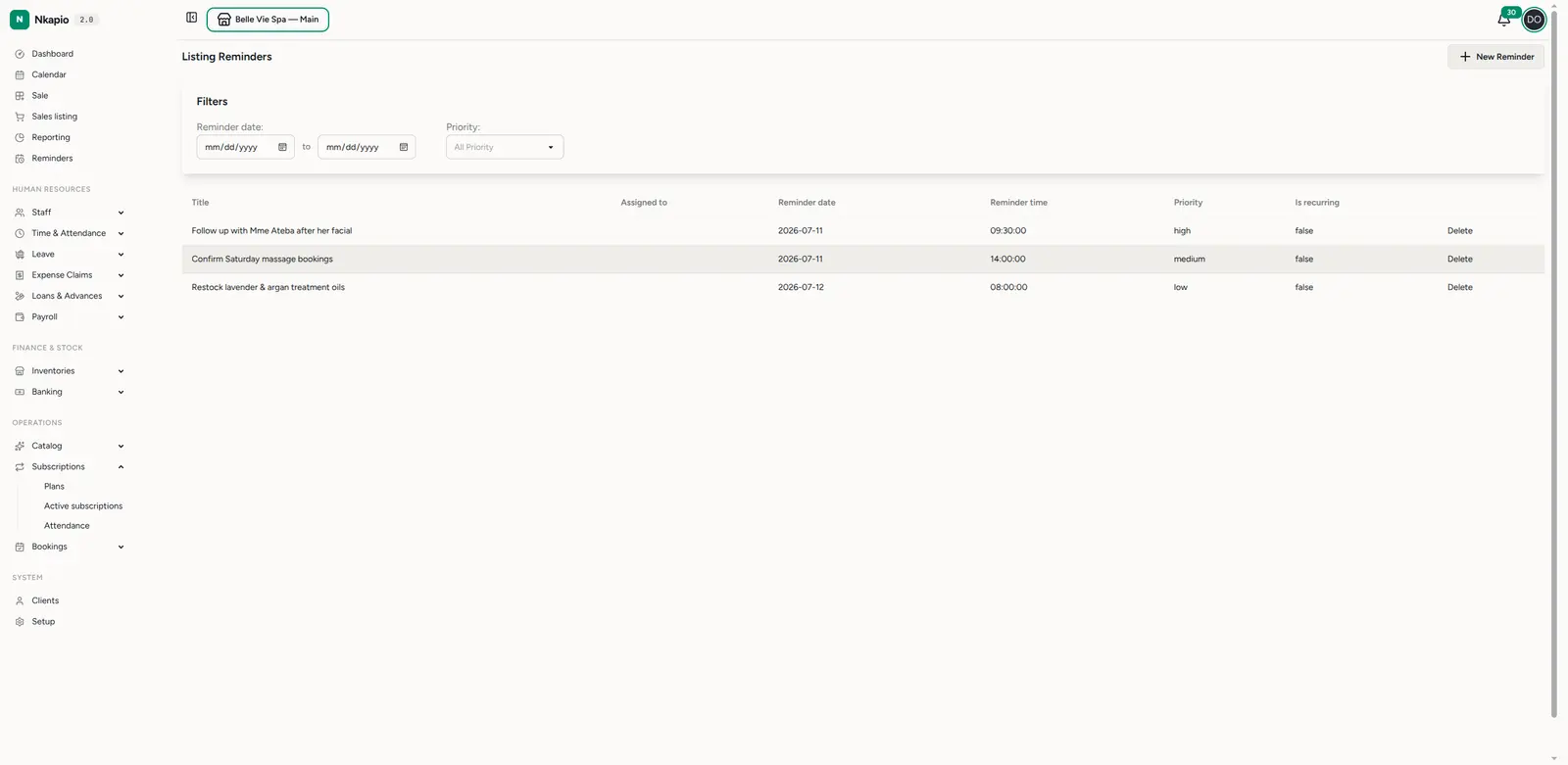 The Reminders list with date and priority filters