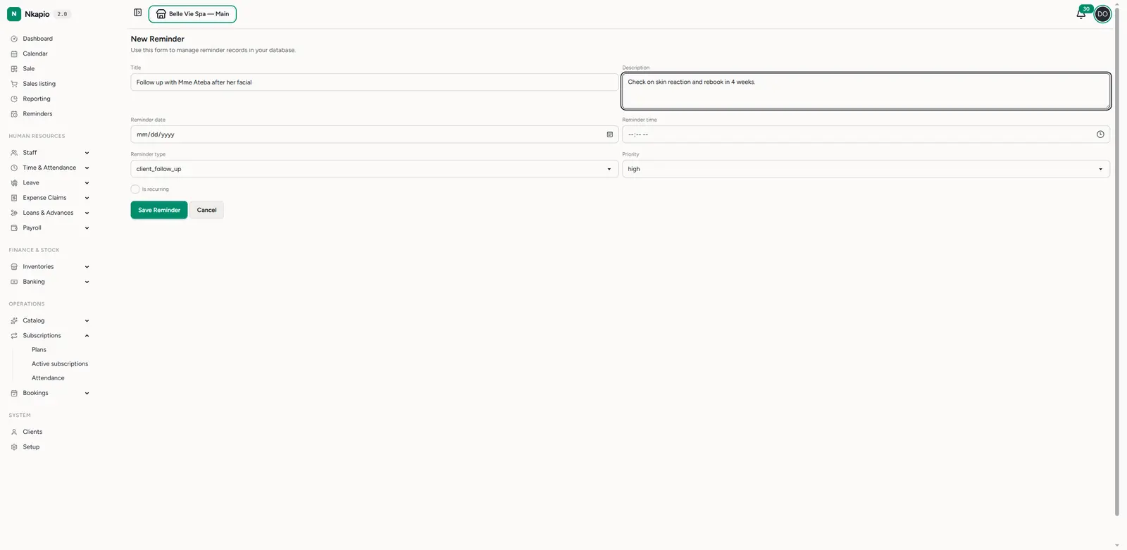 Creating a new reminder with type and priority
