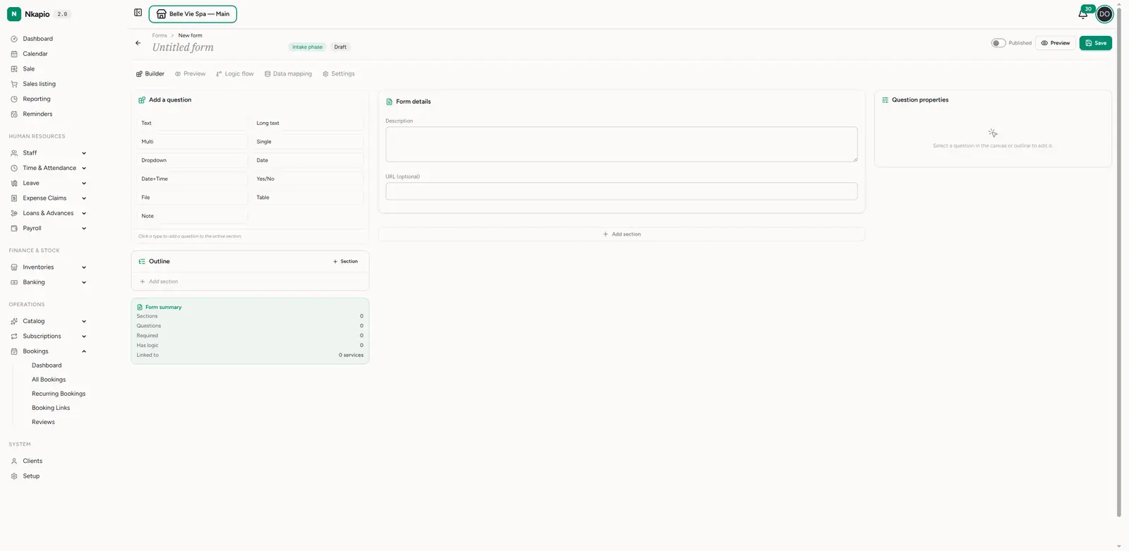 The form creation interface with title and description fields
