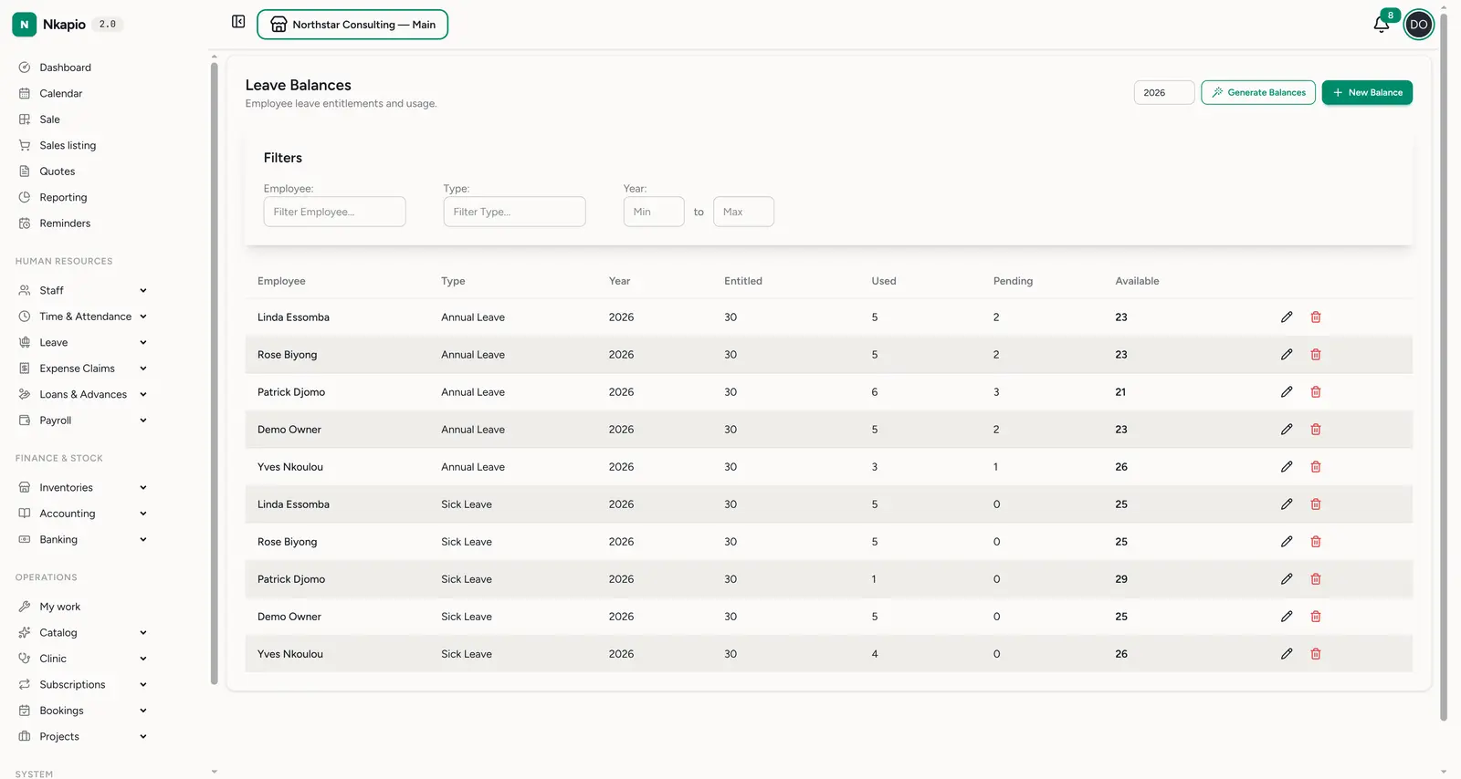 Leave balances — entitled, used, pending and available per employee