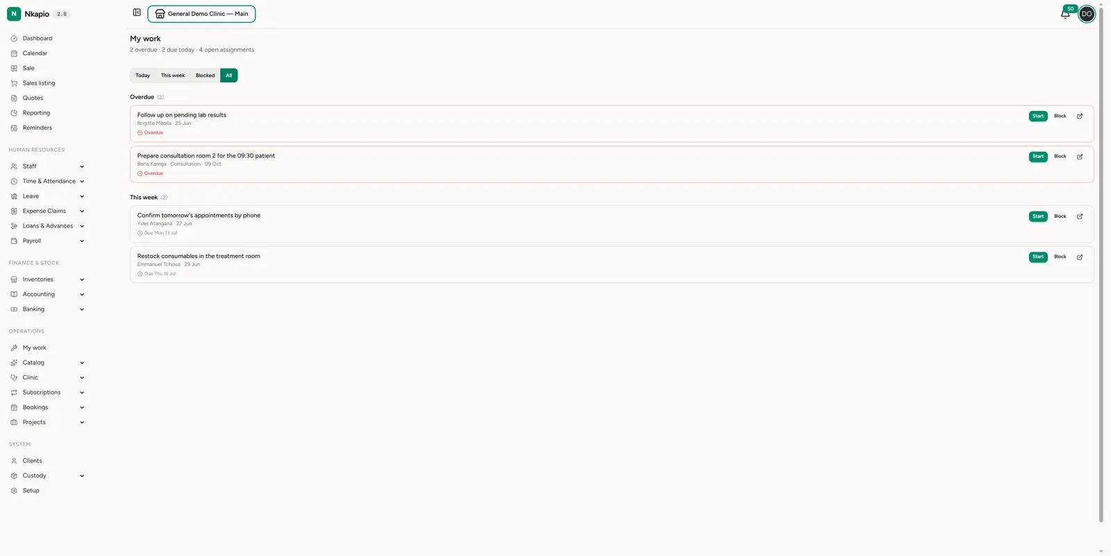 My work — assignments grouped by urgency with start and block actions