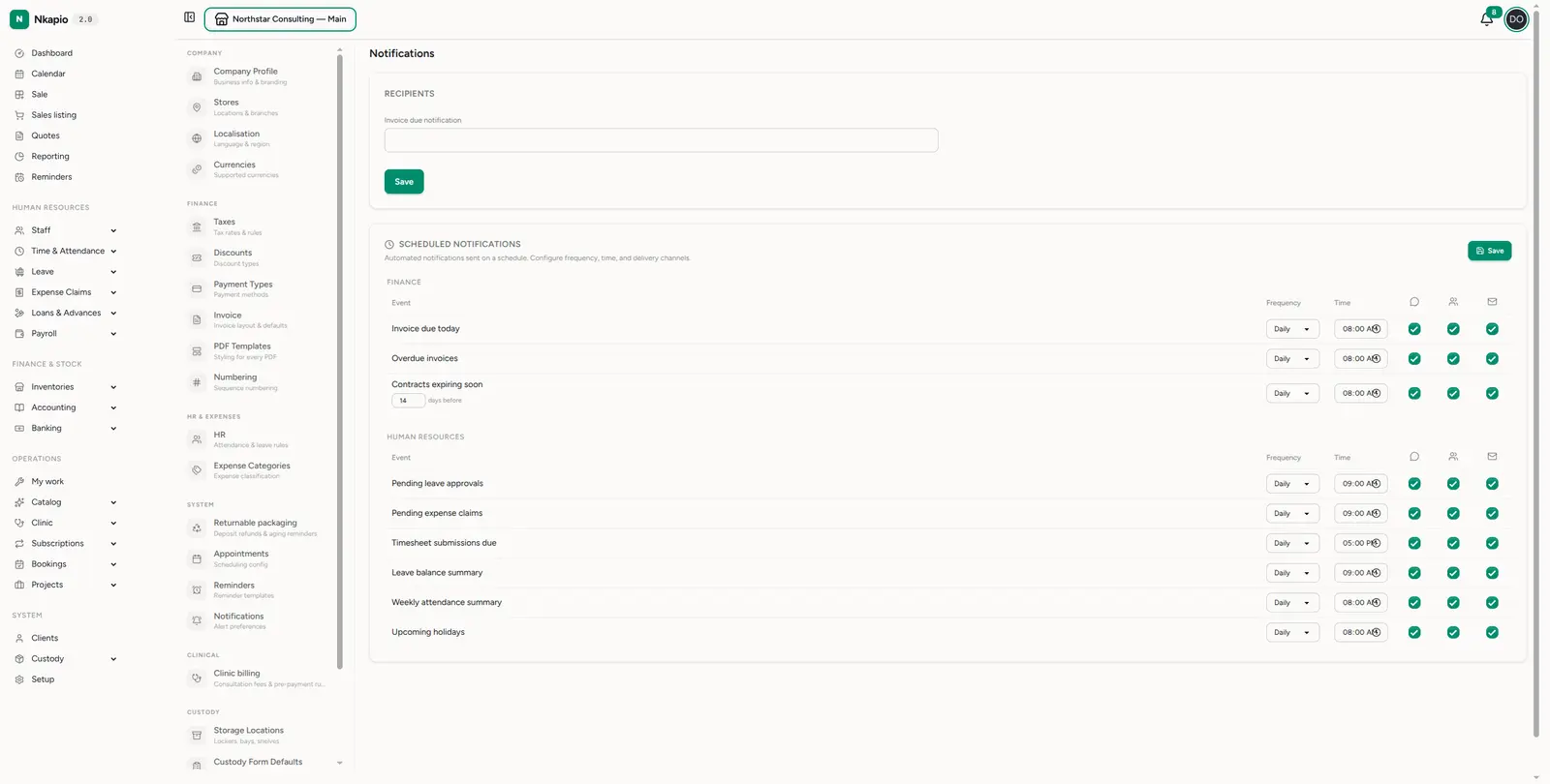 Notifications — recipients and scheduled finance/HR alerts with channels