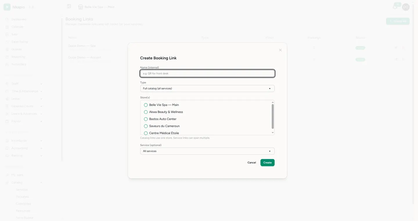 The create booking link form