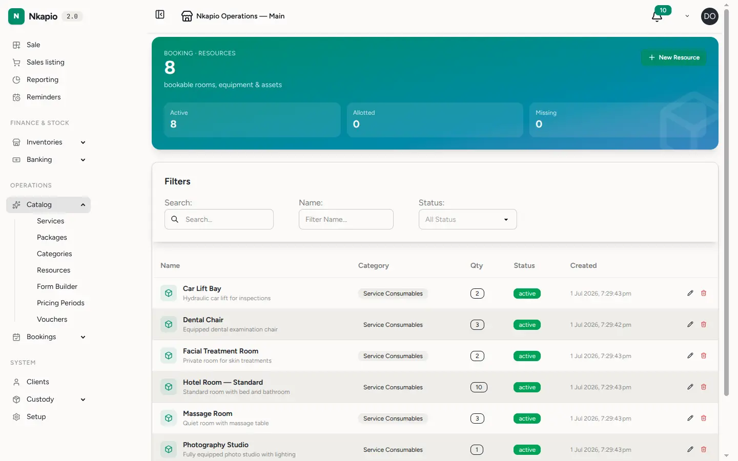 The resources list showing rooms and equipment with their availability status
