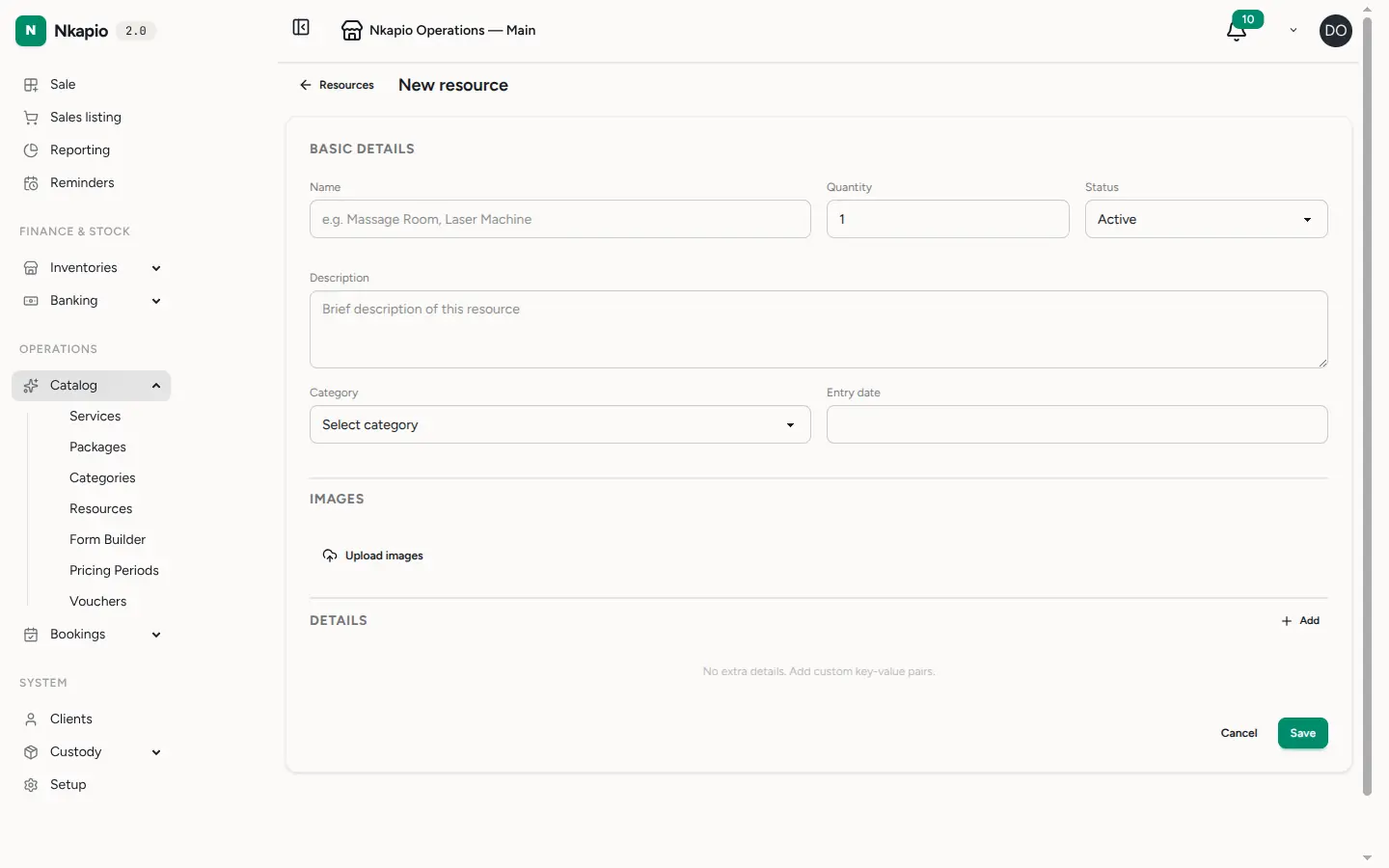 The new resource form with name, type and capacity fields
