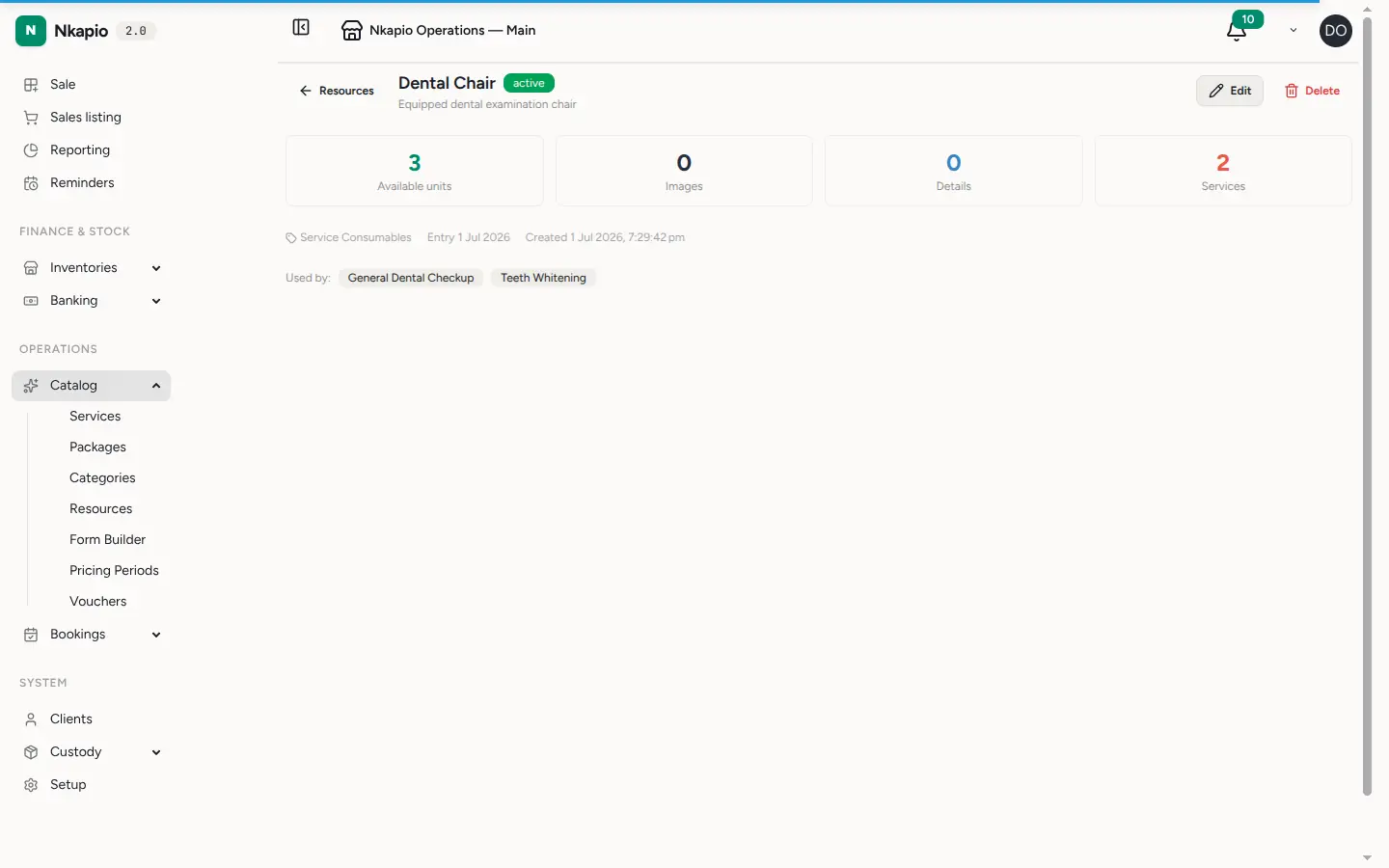 The resource detail page showing linked services and upcoming bookings