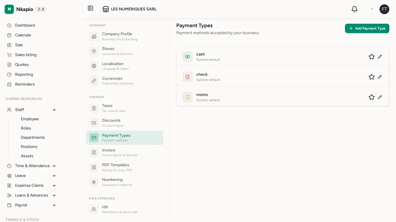 The payment types list