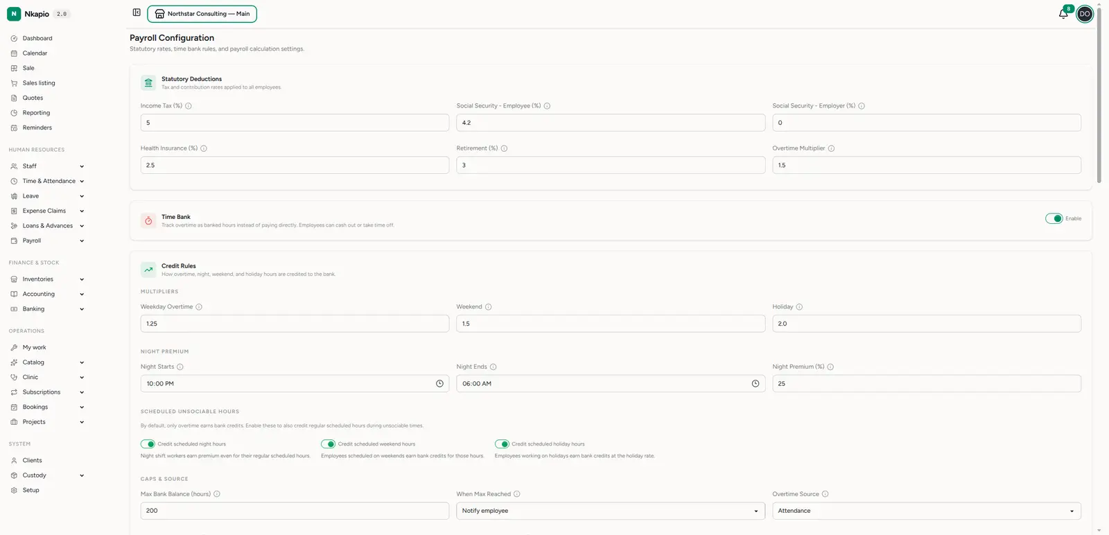 Payroll configuration — statutory rates and time-bank rules