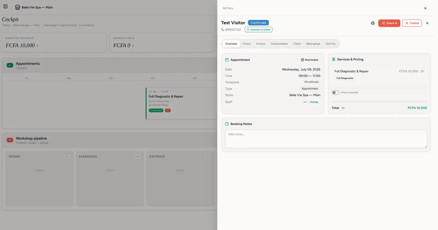 The booking drawer with its actions