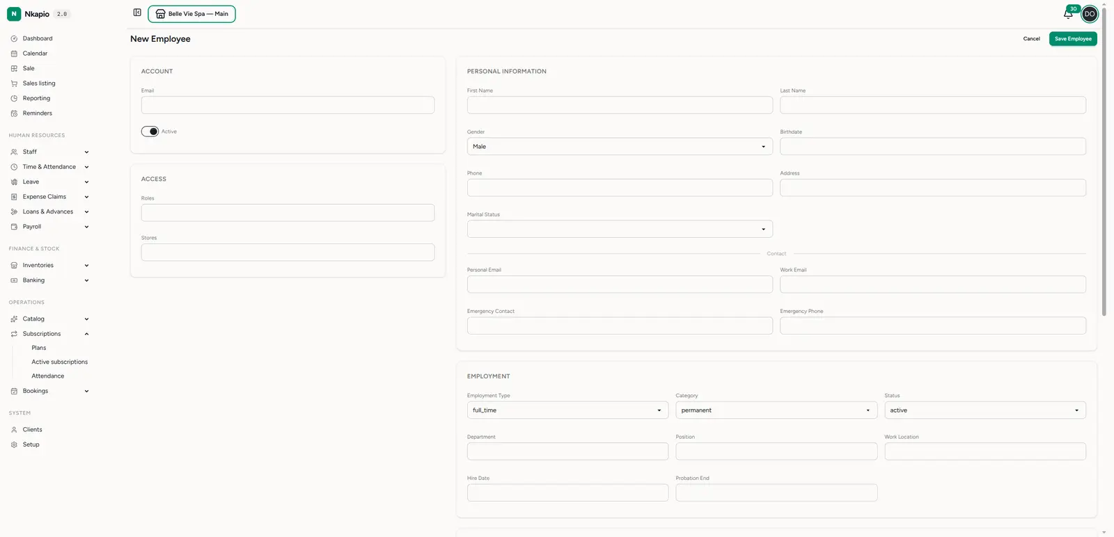 The New Employee form