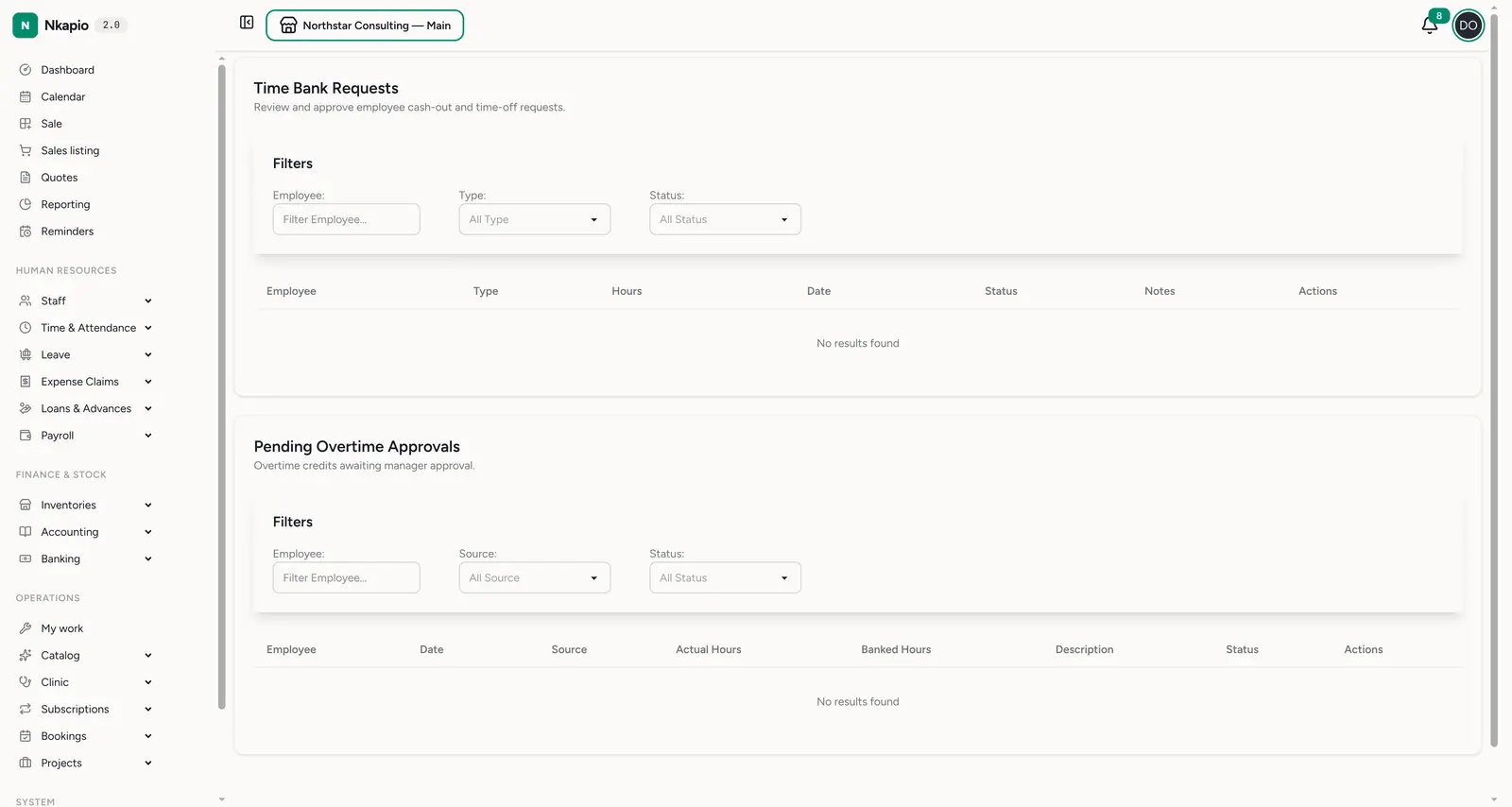 Time-bank approvals — cash-out/time-off requests and pending overtime