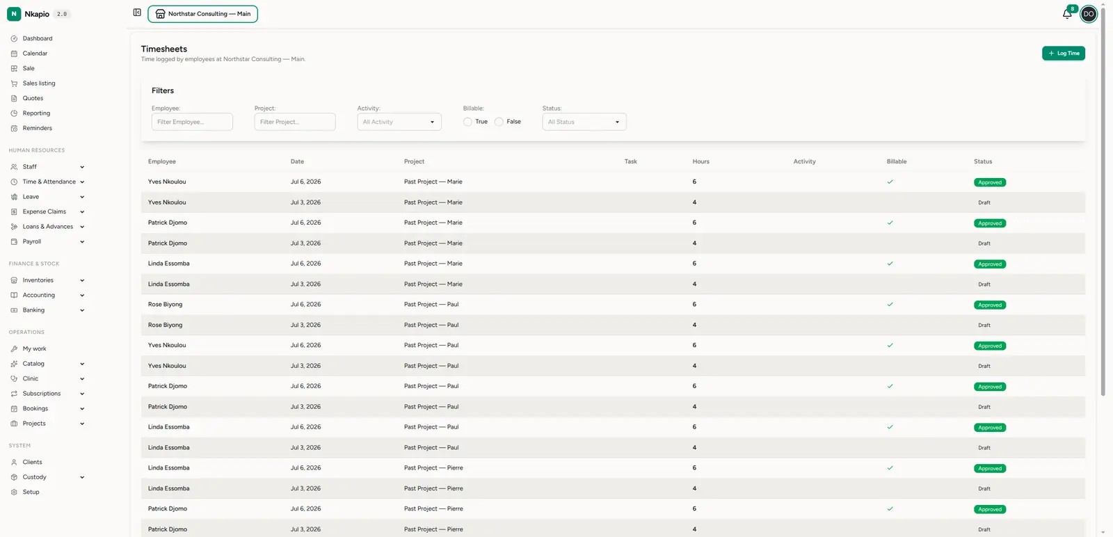 The timesheets list with hours, billable flag and status