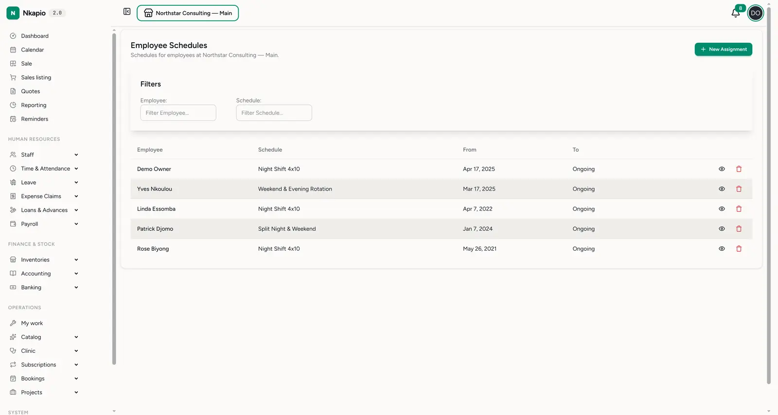 Employee schedules — each employee's assigned schedule and dates