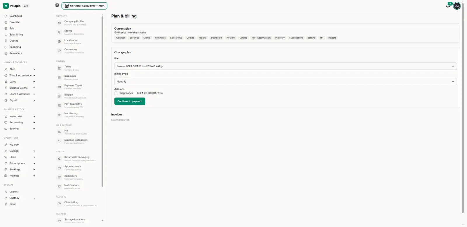 Plan & billing — change plan, add-ons and invoices
