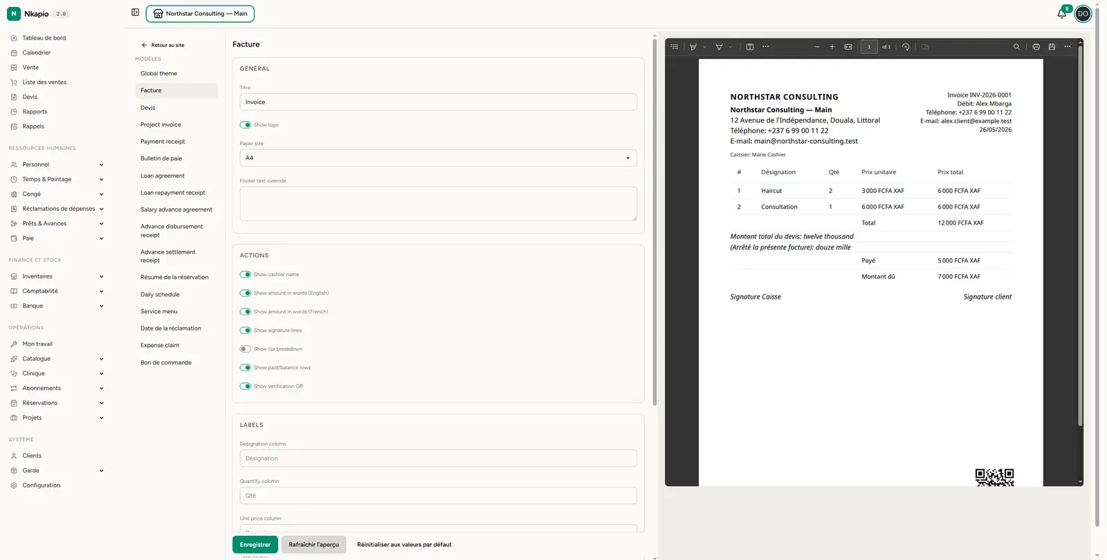 L'éditeur de modèle de facture avec un aperçu PDF en direct