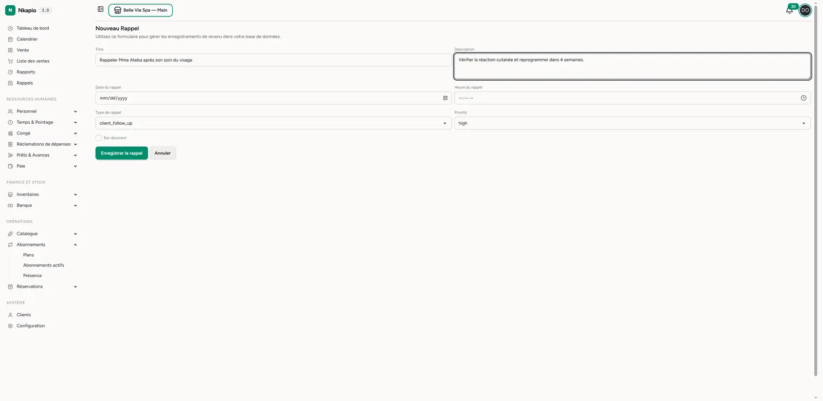 Création d'un nouveau rappel avec type et priorité
