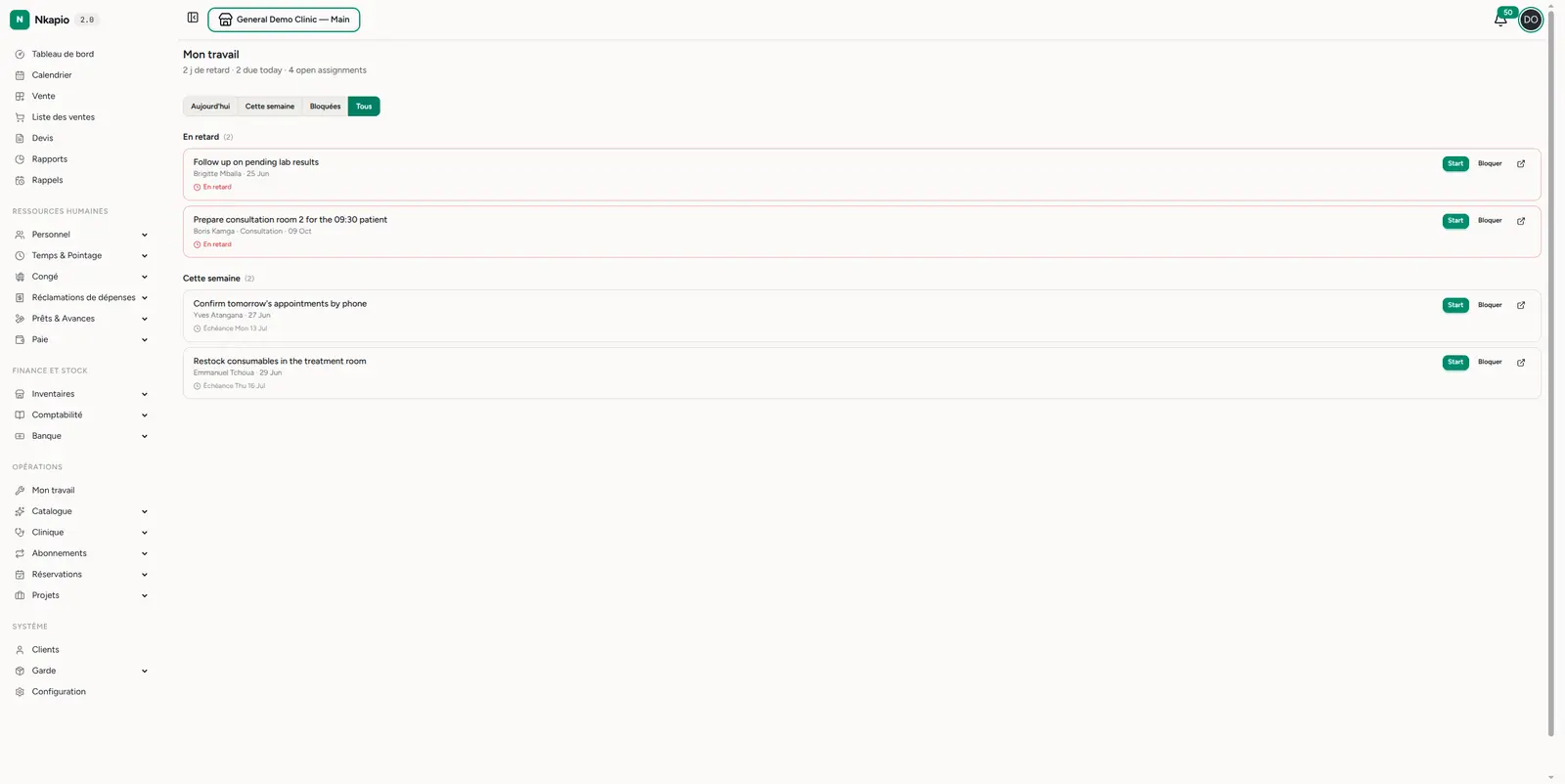 Mon travail — assignations regroupées par urgence avec actions démarrer et bloquer