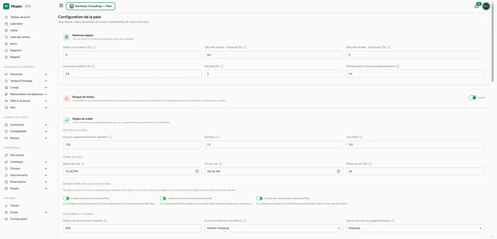Configuration de la paie — taux légaux et règles de banque de temps